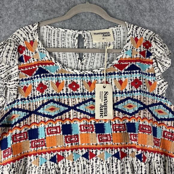Savanna Jane Embroidered Top Womens 2X Geometric Babydoll Aztec Boho Tribal NEW - Picture 2 of 13